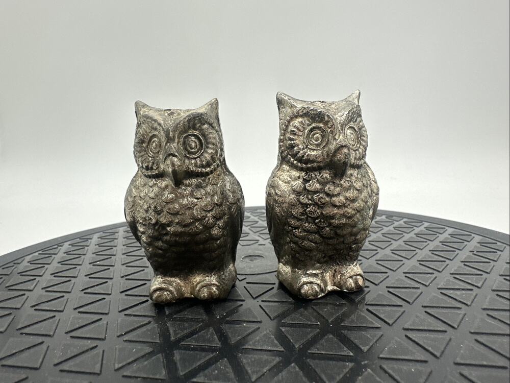 Vintage Silver Pewter Owl Salt & Pepper Shaker Set